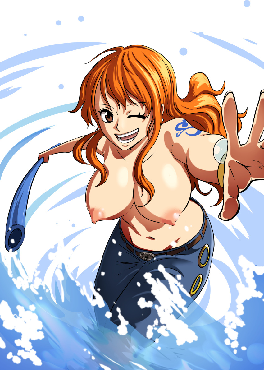 1girls big_breasts clima-tact diogocidades1 female female_only jeans long_hair nami one_eye_closed one_piece orange_hair tattoo topless uncensored wink