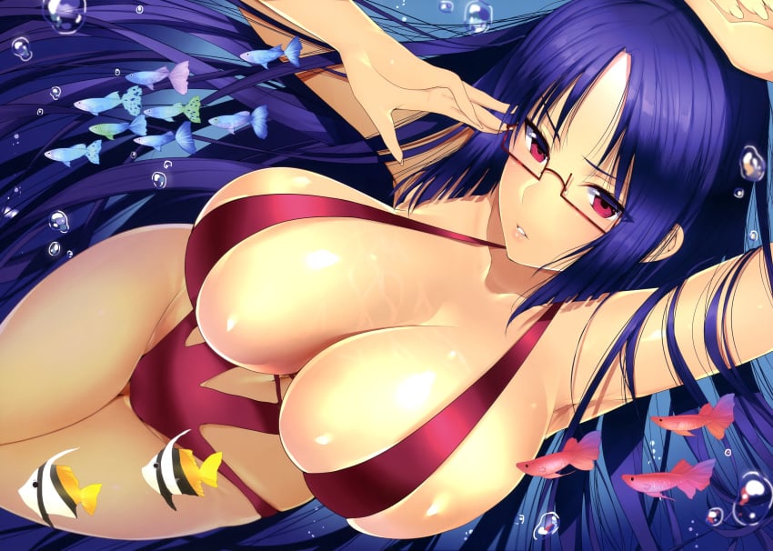 1girls adjusting_glasses arm_up blue_hair breasts cleavage curvy fish glasses huge_breasts looking_at_viewer mataro_(matarou) parted_lips red-framed_glasses red_bikini red_eyes ridget_(suisei_no_gargantia) semi-rimless_glasses skindentation suisei_no_gargantia swimsuit thighs underwater wide_hips