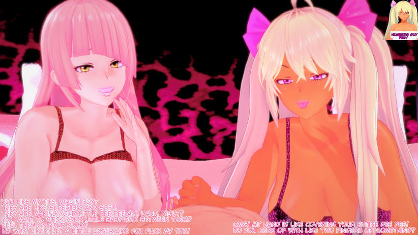 1boy 2girls 3d blonde_hair bra bullying caption cold_(numbersguy) dark-skinned_female dark_skin english_text female femdom ffm_threesome grin gyaru handjob holding_penis indoors koikatsu leopard_print light-skinned_female light-skinned_male light_skin looking_at_viewer male malesub numbersguy open_mouth original pink_eyes pink_hair self_upload small_penis small_penis_humiliation smile text threesome tongue tongue_out underwear warm_(numbersguy) yellow_eyes