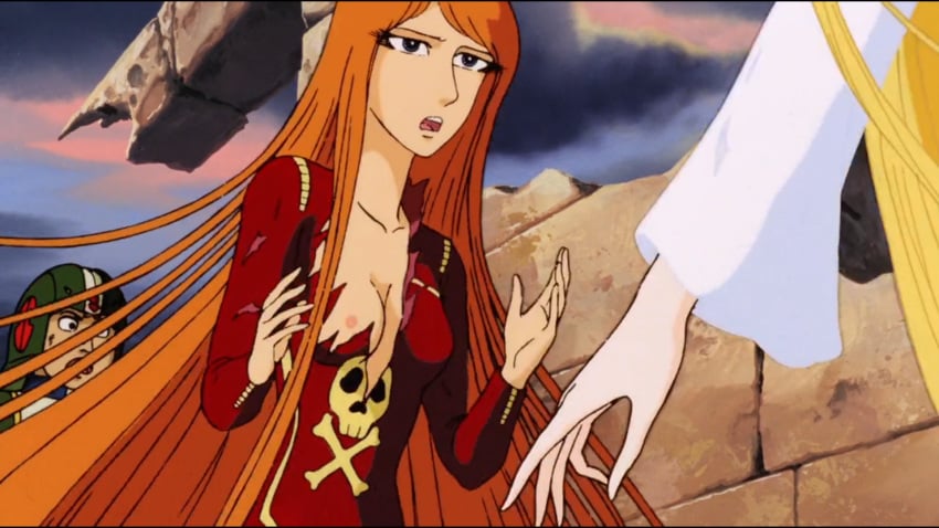 1girls 80s anime bodysuit breasts emeraldas female large_breasts leijiverse light-skinned_female light_skin long_hair nipples orange_hair queen_emeraldas screencap solo_focus space_pirate_captain_harlock torn_clothes