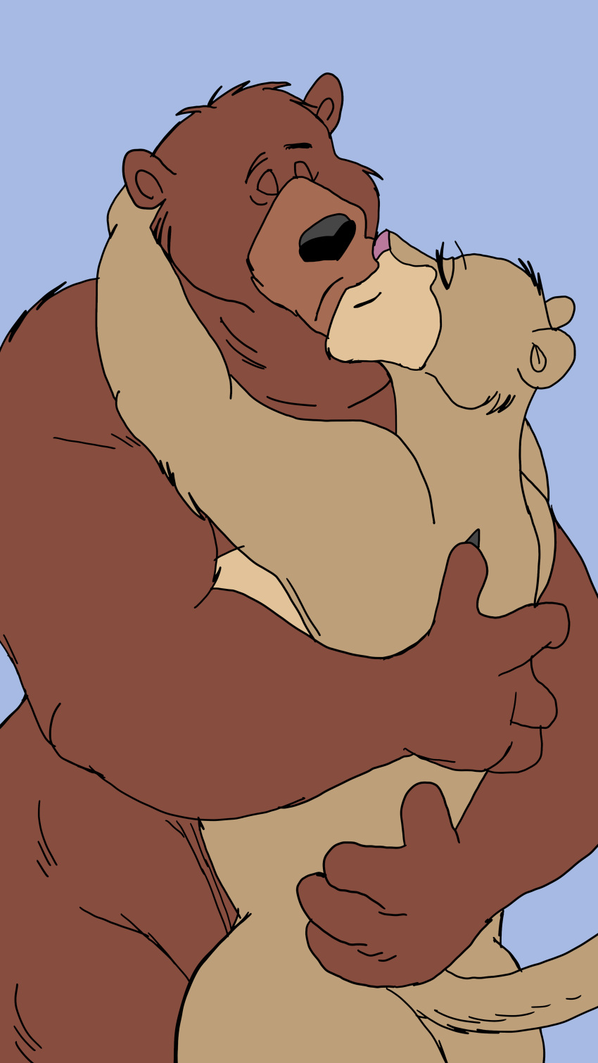 absurd_res anthro anthro_on_anthro ass brown_bear brown_fur closed_eyes disney duo felid feline female fur hi_res hug husband_and_wife kissing lion little_john male mammal married_couple muscular muscular_male nude pantherine robin_hood_(disney) slightly_chubby straight ursid ursine