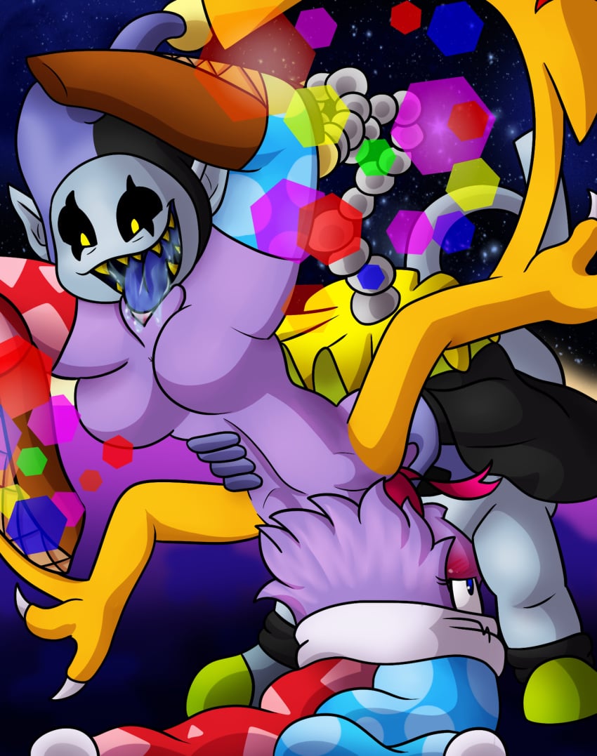 2019 69_position anthro anthrofied ass black_eyes blue_eyes blush bodily_fluids bow_tie breasts clothing crossover cunnilingus deltarune digital_media_(artwork) duo fangs fellatio female footwear genital_fluids gloves grey_skin hair handwear hat headgear headwear hi_res humanoid imp jester jevil_(deltarune) kirby_(series) male mammal marx nintendo nude open_mouth oral penetration penile purple_hair purple_skin pussy rule_63 saliva sex sharp_teeth smile standing standing_69 standing_sex straight teeth tongue tongue_out undertale_(series) vaginal_penetration video_games yoshimister