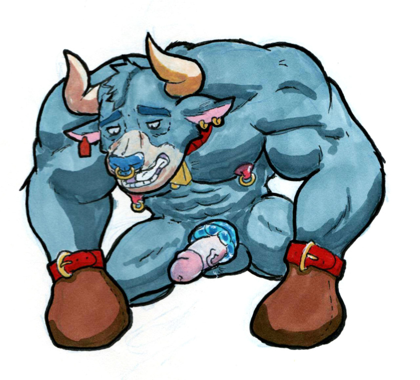 2018 abs all_fours anthro azul_(artist) balls bell biceps bondage_gloves bovid bovine cattle cobaltcerberus collar ear_piercing ear_ring ear_tag facial_piercing horn humanoid_penis male male_only mammal muscular muscular_male nipple_piercing nipples nose_piercing nose_ring nude pecs penis piercing simple_background solo submissive_male white_background