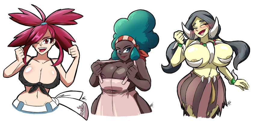 3girls abs afro agitowolf_(artist) alternate_breast_size apron areolae belly belt big_ass big_breasts big_hair black_hair blue_eyes blue_hair blush breasts cleavage closed_eyes dark-skinned_female dark_skin drasna_(pokemon) dress eye_contact eyelashes eyes_closed female female_only flannery_(pokemon) hair_over_one_eye hairband half-closed_eyes huge_ass huge_breasts human human_only large_ass large_breasts lenora_(pokemon) lipstick long_hair looking_at_viewer mature mature_female midriff multiple_girls naked_apron navel nipple_slip nipples one_eye_closed open_mouth pants pokemon pokemon_bw pokemon_rse pokemon_xy ponytail pose red_eyes red_hair red_lipstick shirt smile tank_top text thick_thighs thin_waist topless torn_clothes twintails watermark white_background wide_hips wink