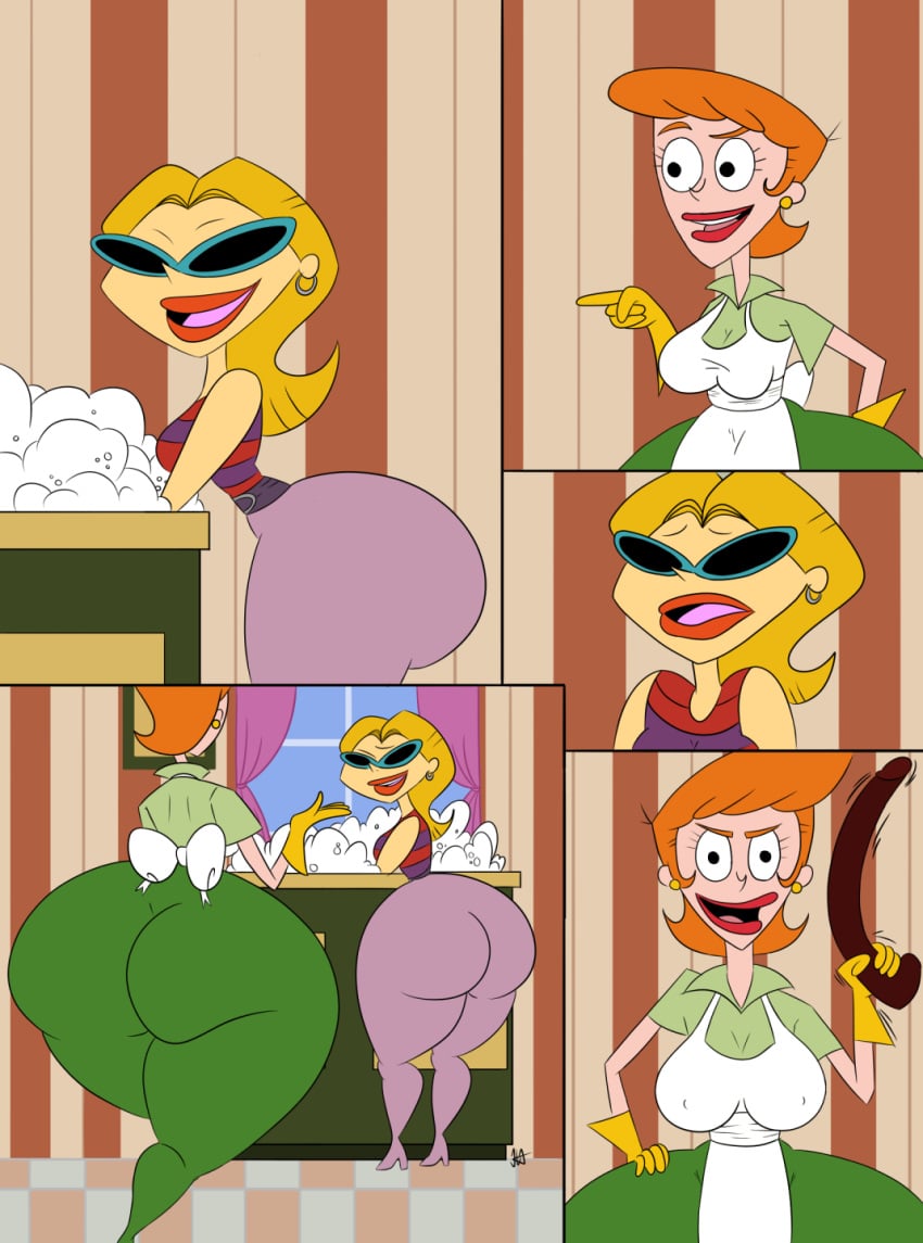 2girls apron big_ass big_mouth blonde_hair bottom_heavy cartoon_network dexter's_laboratory dexter's_mom dildo gigantic_ass holding_dildo huge_ass hyper_thighs jarsman_(artist) kitchen mature mature_female milf neighbor_lady orange_hair panels rubber_gloves sex_toy sunglasses thick_thighs toony wasp_waist wide_hips