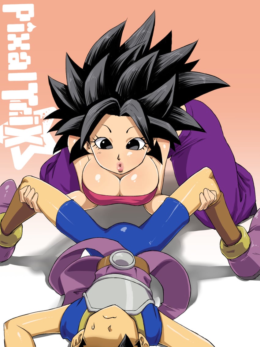 1boy 1girls alternate_breast_size big_breasts black_eyes black_hair breasts bulge cabba caulifla cleavage clothed curious dragon_ball dragon_ball_super huge_breasts larger_female nervous pink_bra pixaltrix saiyan size_difference smaller_male text watermark