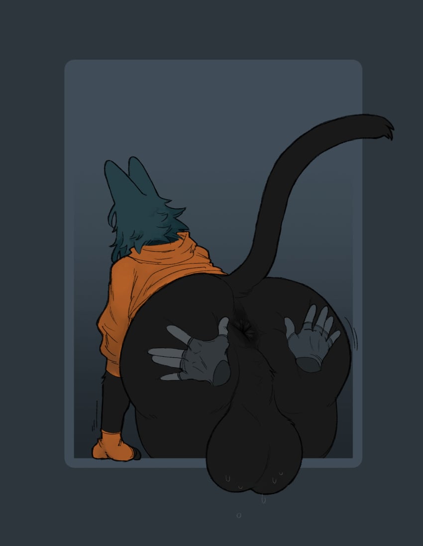 anthro anus ass balls bent_over big_balls big_butt black_anus black_body black_fur blue_hair bodily_fluids clothed clothing disembodied_hand felid feline fingerless_gloves fur garth_(wyrt) genitals gloves hair handwear hi_res hoodie male male_focus mammal partially_clothed serval simple_background solo_focus spread_butt spreading sweat sweaty_balls sweaty_genitalia thick_thighs topwear wyrt_(artist)