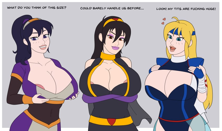 3girls alternate_breast_size areola areola_slip areolae ariane_(original_character) athorment big_breasts black_hair blonde_hair breast_expansion breasts cleavage dixileta_(original_character) female female_focus female_only huge_breasts looking_at_viewer misty_(original_character) original_character pov