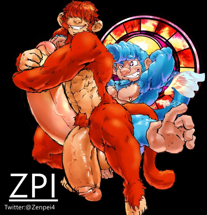 alternate_version_at_source anthro big_penis boner duo erection feet flaccid furry hair_over_eyes haplorhine hi_res humanoid_feet humanoid_penis hyper hyper_penis male male/male male_only mammal monkey monkey_boy monkey_feet monki_(artistorphy) muscular nude penis pompadour prehensile_feet prehensile_tail primate size_difference spreading wings zenpei zenpei_(character)