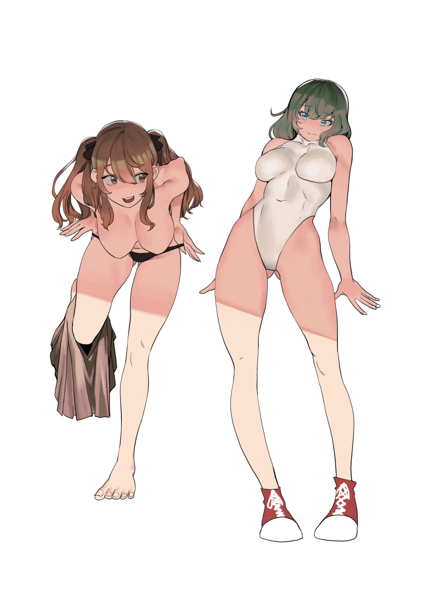 2girls breasts character_request female full_body girls'_frontline high_resolution ihobus large_breasts leotard multiple_girls skin_tight skirt skirt_around_one_leg standing topless undressing