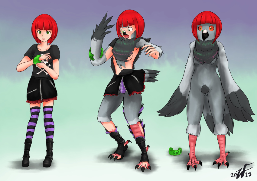 2015 absurd_res anthro avian beak bird boots bottomwear breasts butt_from_the_front cameltoe clothing columbid feathers female footwear green_eyes hair hi_res human human_to_anthro legwear mammal nude open_mouth pigeon pussy red_hair red_sclera sequence shirt short_hair simple_background skirt solo species_transformation standing stockings surprise talons topwear torn_clothes transformation underwear wings witchfiend zipper