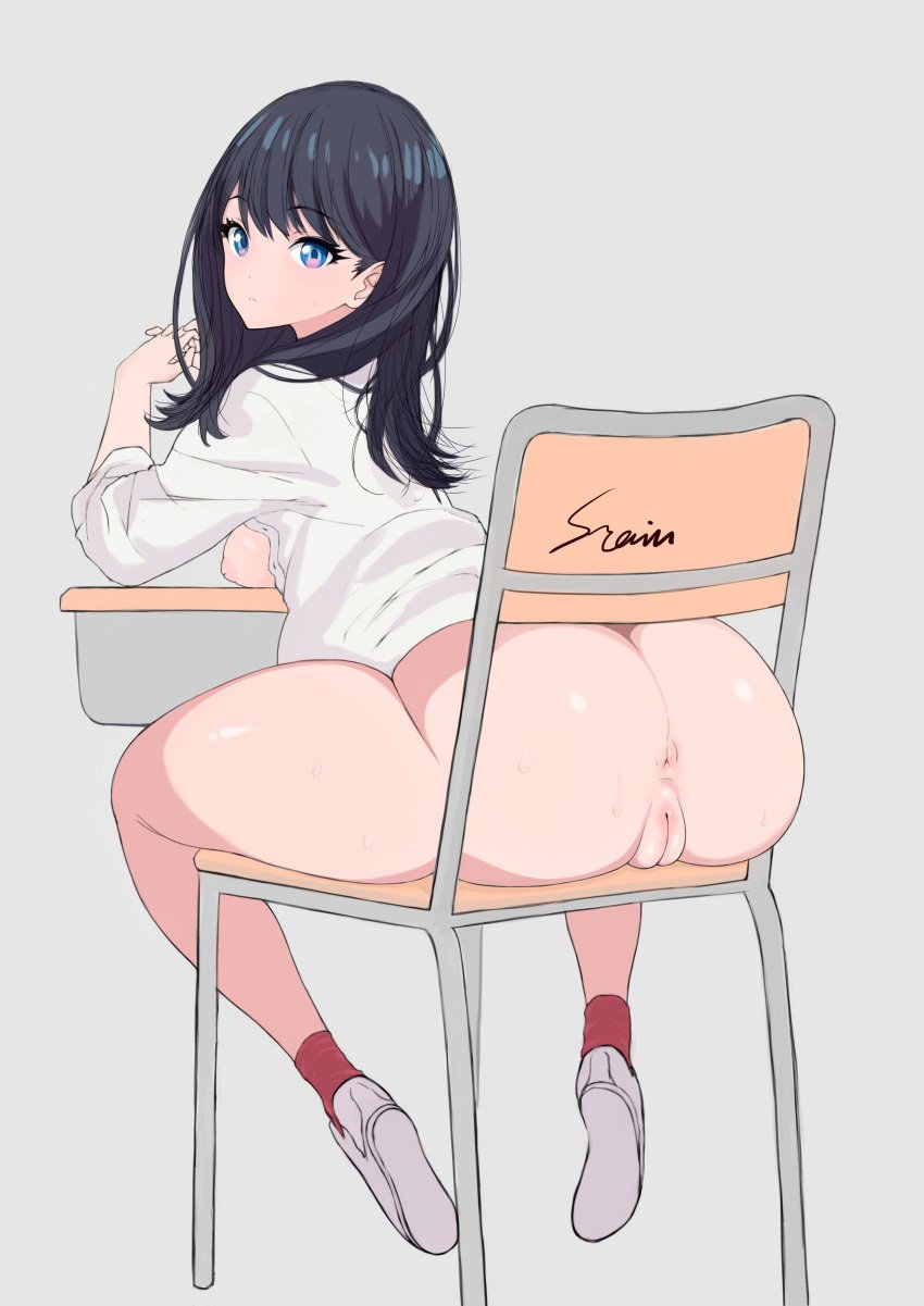 anus ass ass_focus bare_legs black_hair blue_eyes blush bottomless cameltoe chair cleft_of_venus dat_ass desk fat_mons female female_only female_solo hips huge_ass innie_pussy inverted_nipples large_ass leaning_forward legs looking_at_viewer looking_back medium_hair peach_pussy plump_labia poin presenting_hindquarters puffy_pussy pussy shiny shiny_skin shirt shoes signature simple_background sitting sitting_on_chair solo ssss.gridman sweat takarada_rikka thick_thighs thighs uncensored viewed_from_behind voyeur white_footwear white_shirt wide_hips