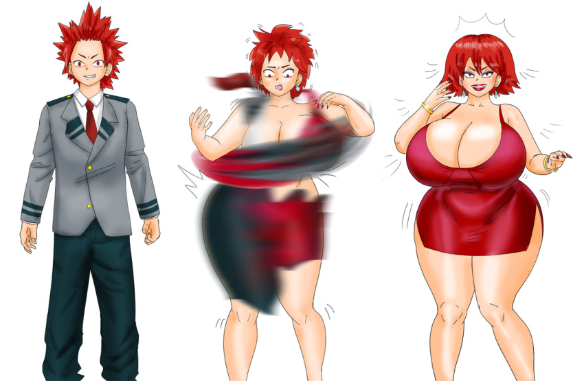 1boy 1girls ass_expansion big_breasts big_hips big_lips bimbo bimbofication bracelet breast_expansion breasts busty cleavage eijirou_kirishima eyeshadow gender_transformation genderswap_(mtf) hips lipstick makeup milf my_hero_academia nail_polish red_dress red_hair red_nails redhead rule_63 saturnxart shounen_jump transformation voluptuous