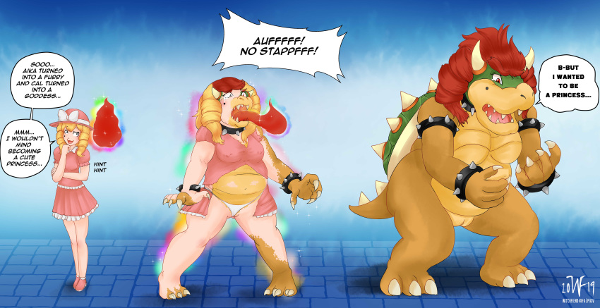 2019 absurd_res anthro blonde_hair blue_eyes bowser breasts brown_eyes clothing collar dialogue dress female female_bowser growth hair hat headgear headwear hi_res horn horn_growth human human_to_anthro koopa mammal mario_(series) mole_(marking) nintendo nipple_outline nude open_mouth pussy red_hair rule_63 scalie sequence smile solo species_transformation spiked_collar spikes standing surprise torn_clothing transformation underwear val_(tomlloyd) video_games witchfiend