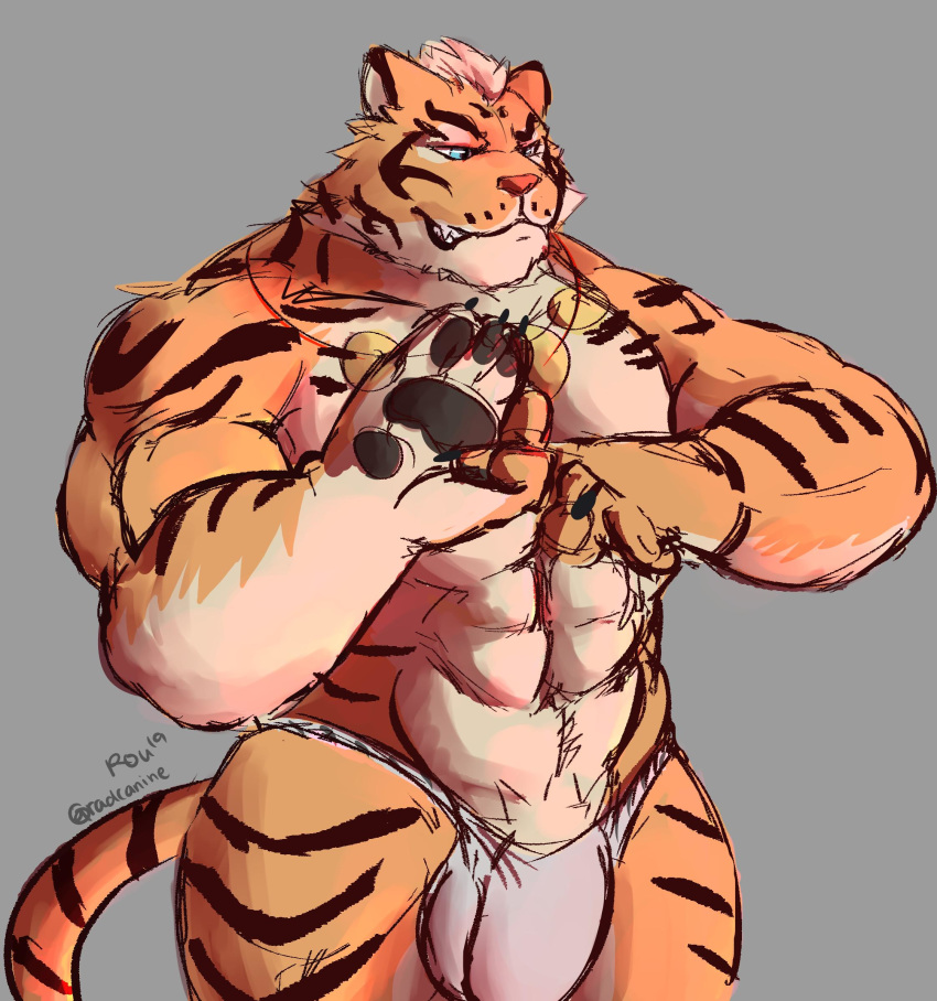 2019 5_fingers abs anthro balls belly biceps biped black_stripes bulge claws clothing digital_media_(artwork) felid feline fingers fur grey_background hair half-length_portrait hi_res lin_hu male male_only mammal multicolored_fur muscular muscular_male nekojishi orange_fur orange_nose pantherine pawpads pecs portrait radcanine seductive sex short_hair signature simple_background solo striped_fur stripes tan_fur tan_hair tiger underwear