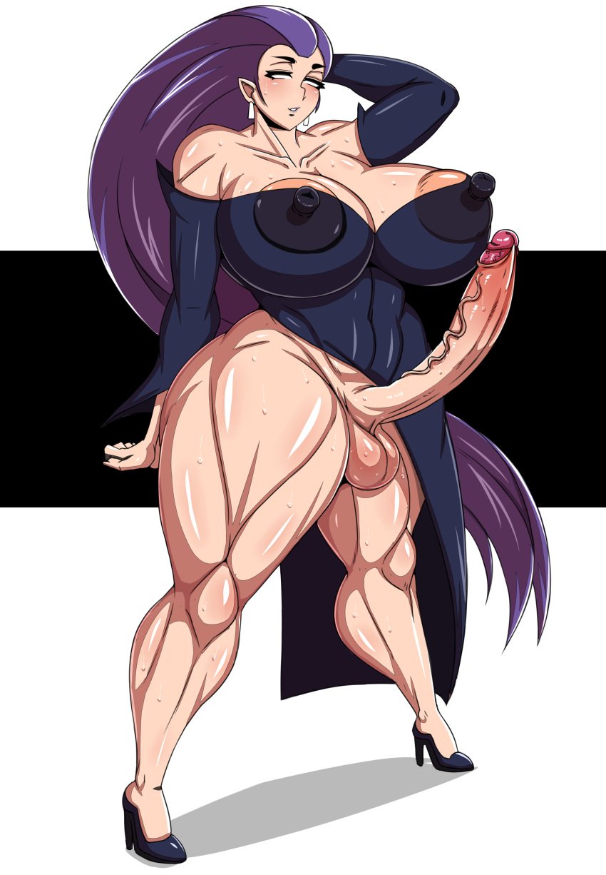 1futa areola_slip bakudemon bare_shoulders bimbo blush bottomless_skirt cleavage dc dc_comics dcau dress ear_piercing earrings erect_nipple erect_nipples erection erection_under_clothes erection_under_skirt front_view futa_only futanari hand_behind_head high_heels hourglass_figure human intersex justice_league_unlimited long_hair looking_at_viewer nipple_bulge no_panties penis_out penis_under_clothes penis_under_dress piercing pointy_ears pose posing purple_hair shiny shiny_skin simple_background skirt solo spread_legs spreading standing sweat tala thick_thighs vein veins veiny veiny_penis venus_body voluptuous wide_hips witch