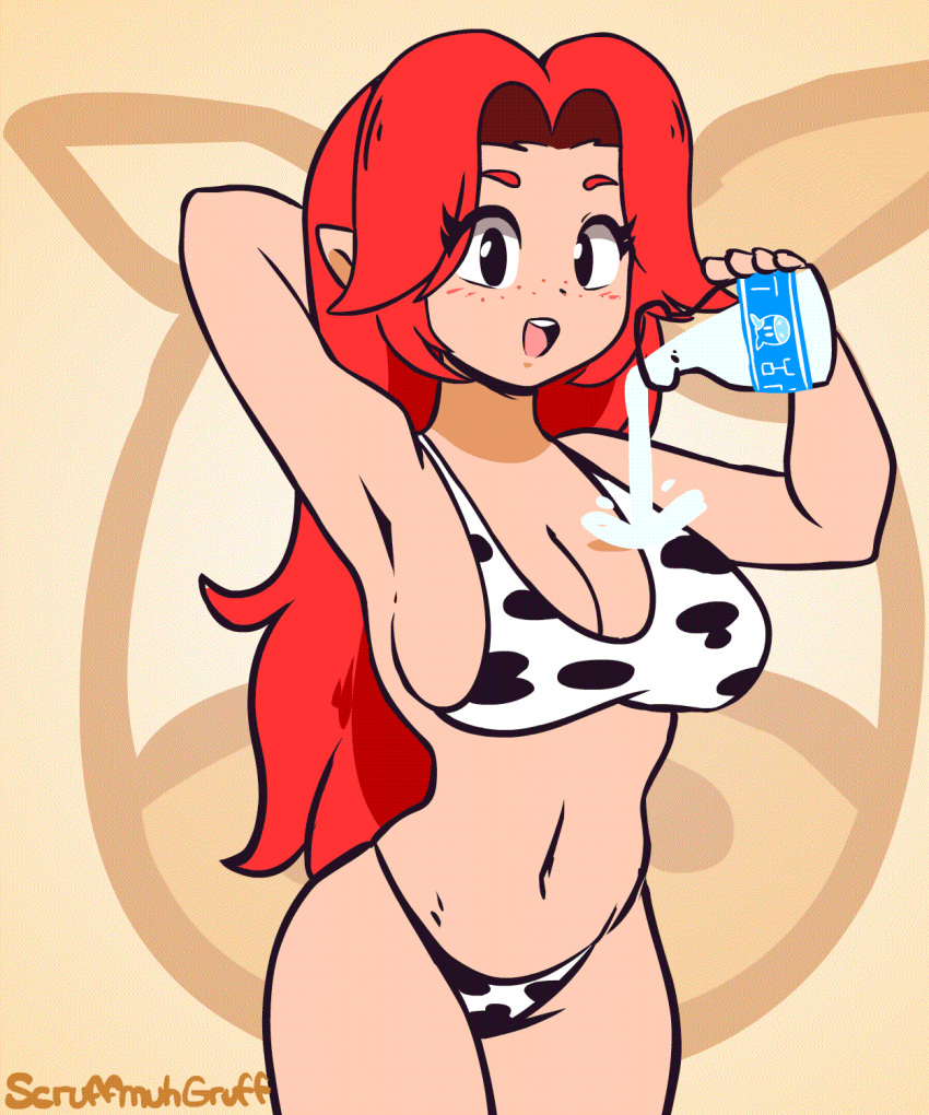 1girls animated armpits big_breasts bouncing_breasts bra breasts cleavage cow_print cow_print_bikini elf_ears female female_only freckles gif hand_behind_head large_breasts lon_lon_milk long_hair long_red_hair looking_at_viewer malon navel nintendo ocarina_of_time panties pouring_milk red_hair scruffmuhgruff solo standing the_legend_of_zelda very_long_hair