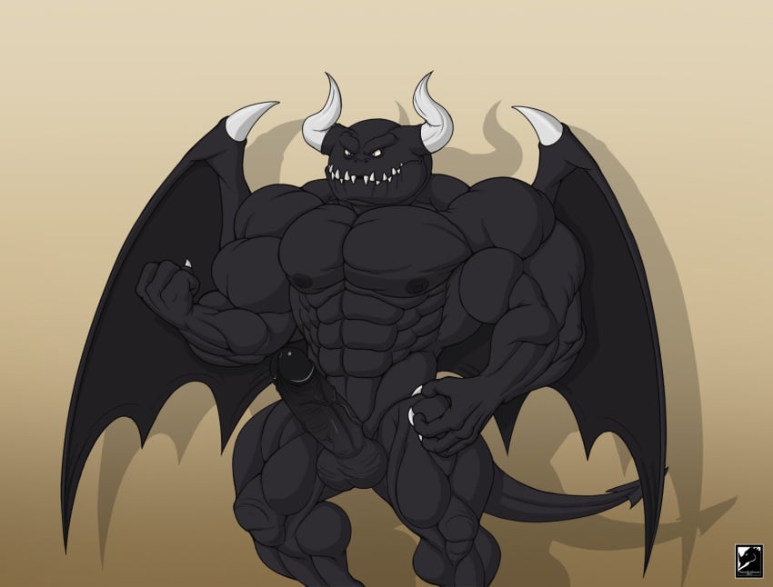 2019 abs anthro areola balls barazoku biceps black_skin claws dragaux dragon erection horn humanoid_penis kevindragon male male_only manly muscular nintendo nipples nude pecs penis ring_fit_adventure scalie sharp_claws sharp_teeth smile solo standing teeth thick_penis thick_thighs triceps video_games wings