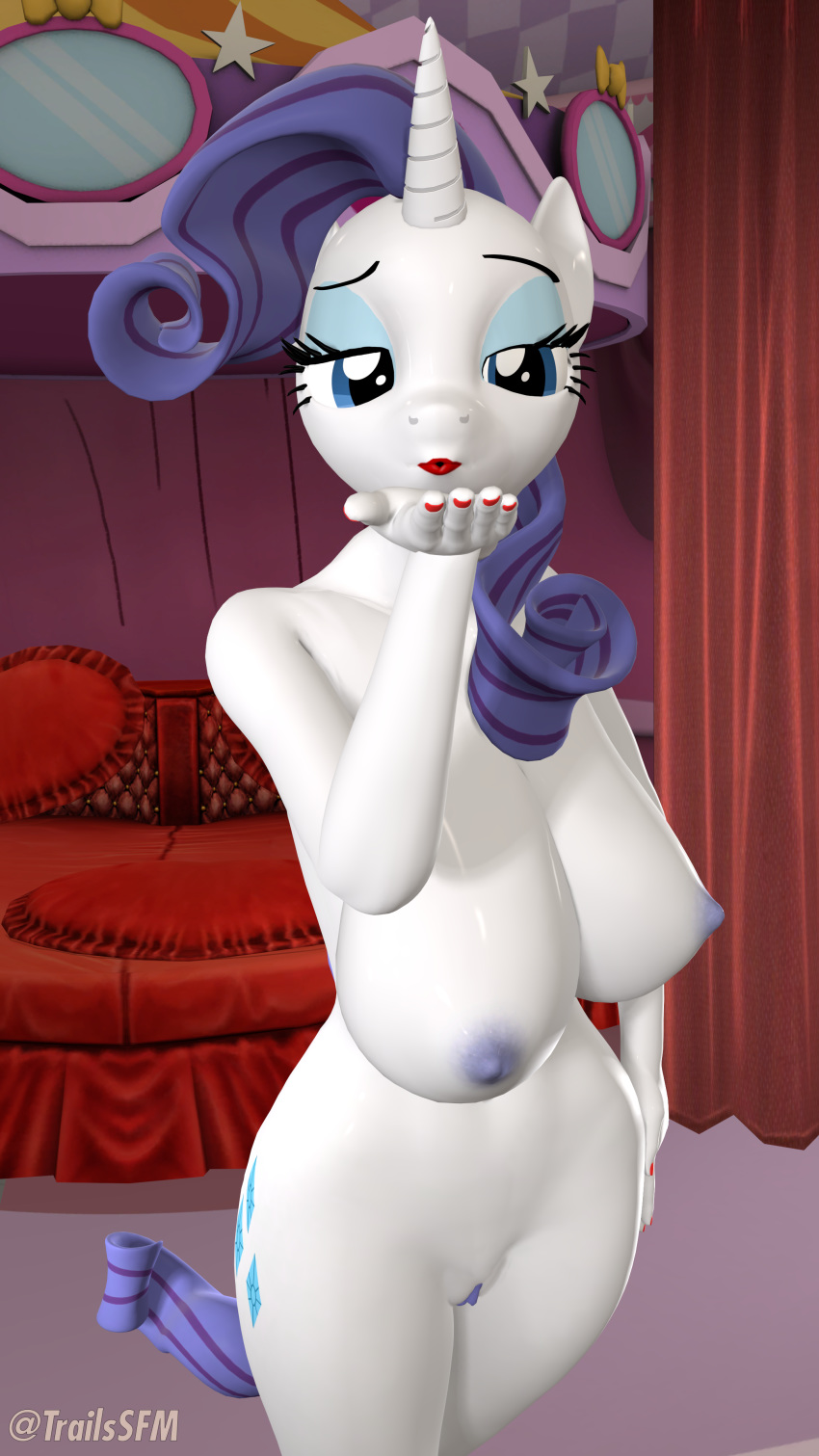 3d absurd_res anthro bedroom_eyes big_breasts blowing_kiss breasts digital_media_(artwork) equid female friendship_is_magic furry half-closed_eyes hi_res horn mammal my_little_pony nude pussy rarity_(mlp) seductive smooth_skin solo trailssfm unicorn