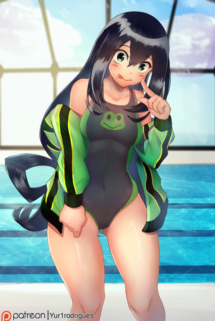 black_hair blushing clothed eyelashes female frog green_eyes long_hair my_hero_academia one-piece_swimsuit patreon swimming_pool swimsuit thigh_gap tongue_out tsuyu_asui wet yur1rodrigues