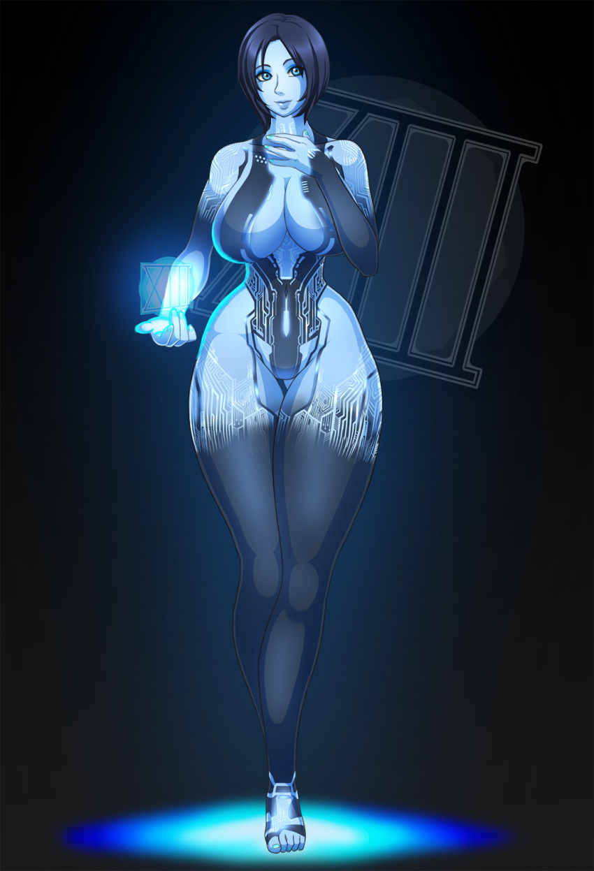 1girls 2d artificial_intelligence big_breasts blue_eyes blue_hair blue_skin breasts cleavage cortana female full_body halo_(series) hand_on_own_chest large_breasts legs looking_at_viewer navel short_hair solo thick_thighs thighs waifuholic wide_hips