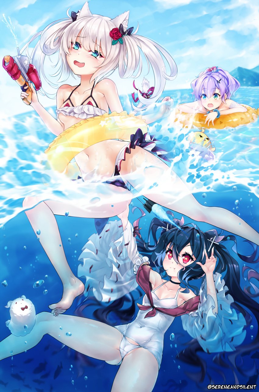 +_+ 3girls absurdres anal anal_object_insertion animal_ears ass_grab azur_lane bikini black_hair blue_eyes blue_sky blush breasts cameltoe cat_ears cat_girl cat_tail covered_navel cross_hair_ornament day detached_sleeves flower focused freediving grabbing_another's_ass groping hair_flower hair_ornament hammann_(azur_lane) highres holding_water_gun i-168_(azur_lane) innertube javelin_(azur_lane) long_hair looking_at_another looking_up medium_hair multiple_girls navel object_insertion ocean oerba_yun_fang outdoors partially_underwater_shot ponytail purple_hair red_eyes ribbon-trimmed_sleeves ribbon_trim sereneandsilent silver_hair skin_tight sky small_breasts splashing swimming swimsuit tail thighs torpedo twintails underwater very_long_hair water_gun white_swimsuit wide_sleeves x_hair_ornament yuri