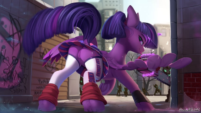 16:9 2019 alicorn ambiguous_gender arthropod ass bottomwear candy changeling clothing crossover detailed_background digital_media_(artwork) discordthege dock english_text equid feathered_wings feathers female feral food friendship_is_magic furry graffiti group hasbro hi_res hooves horn juliet_starling_(cosplay) legwear lollipop lollipop_chainsaw looking_at_viewer mammal my_little_pony outside princess_twilight_sparkle_(mlp) purple_feathers pussy seiyuu_connection skirt smile solo_focus text tongue tongue_out twilight_sparkle_(mlp) underhoof video_games wallpaper wings