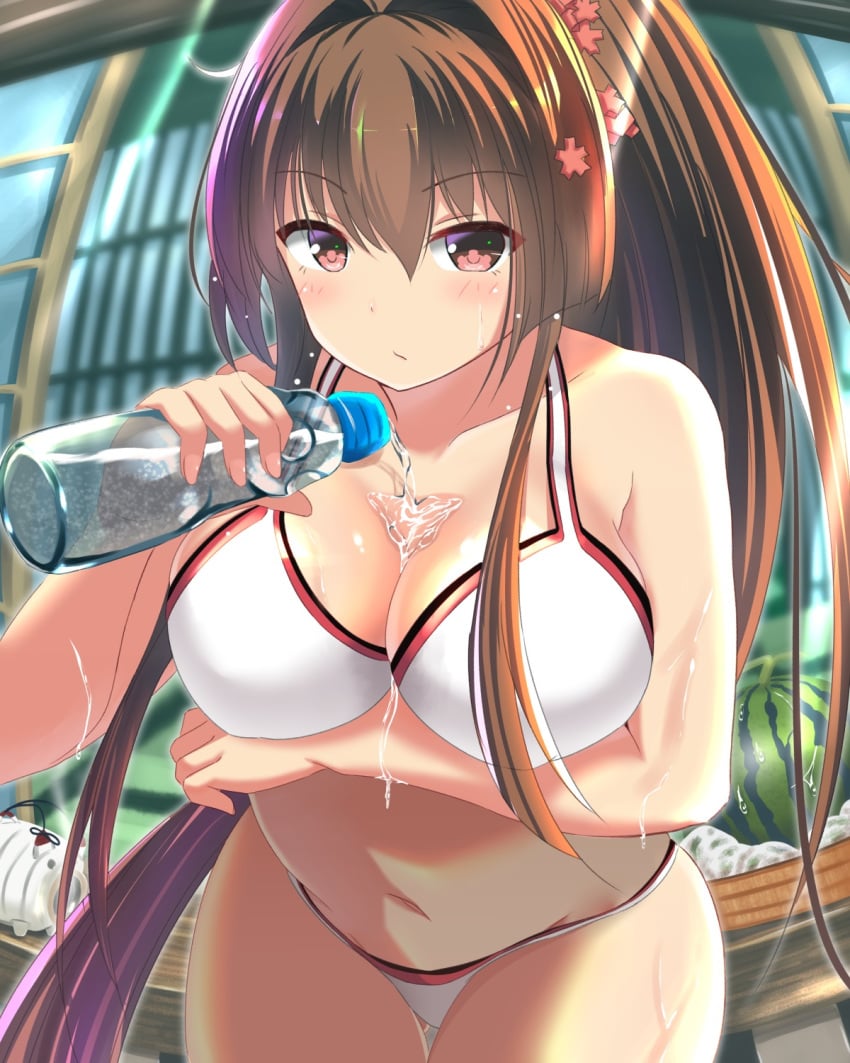 1girls :/ ass_visible_through_thighs bangs bikini blush bottle breast_hold breasts brown_eyes brown_hair fisheye food fruit hair_between_eyes hair_intakes hair_ornament kantai_collection kayari_buta kuroame_(artist) large_breasts leaning_forward long_hair looking_at_viewer navel outside ponytail pouring ramune red_eyes skindentation swimsuit very_long_hair watermelon wet white_bikini yamato_(kantai_collection)