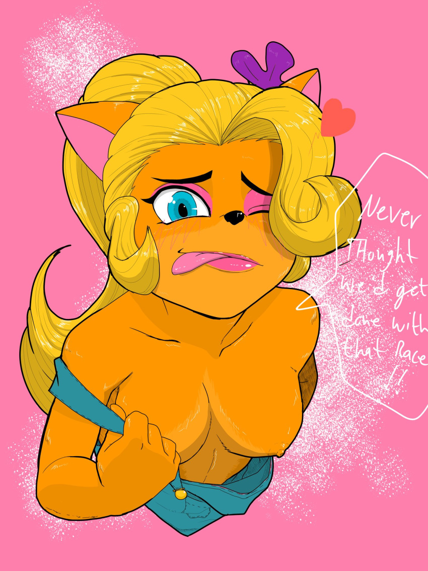 anthro areolae bandicoot bare_shoulders blonde_hair blue_eyes breasts coco_bandicoot crash_(series) crash_(series) crash_team_racing eyelashes eyeshadow female female_focus female_only fur furry kae-est_art lipstick long_hair nipples overalls pinup small_breasts solo speech_bubble tagme tongue tongue_out wink