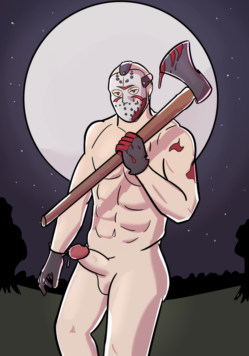 1boy blood blue_eyes boner erection friday_the_13th jason_voorhees male_only mask naked nude precum solo spiceyart