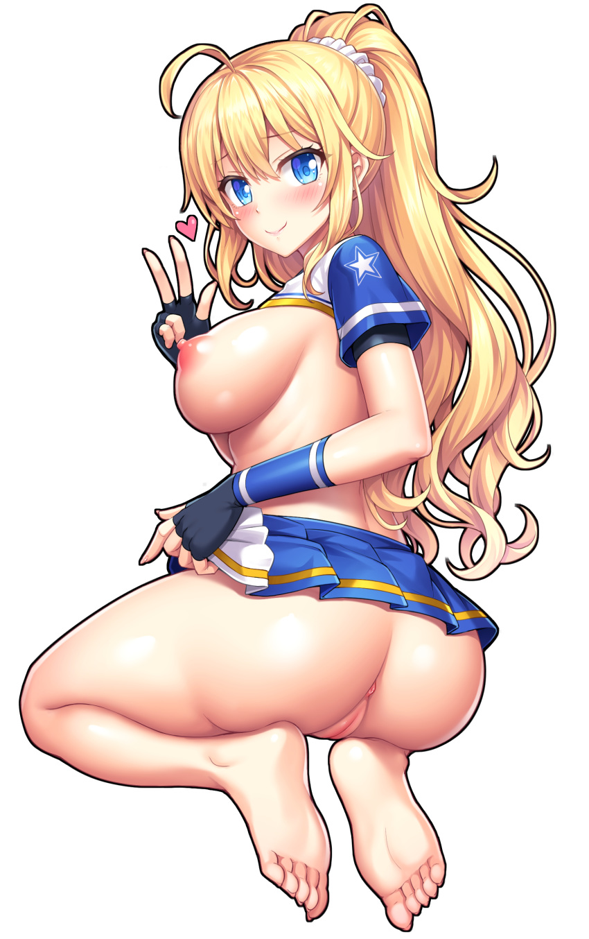 1girls anus ass blonde_hair blue_eyes blush breasts feet hachigatsu_no_cinderella_nine heart innie_pussy lambda_(kusowarota) long_hair looking_at_viewer looking_back nipples nozaki_yuuki ponytail pussy toes uncensored v white_background