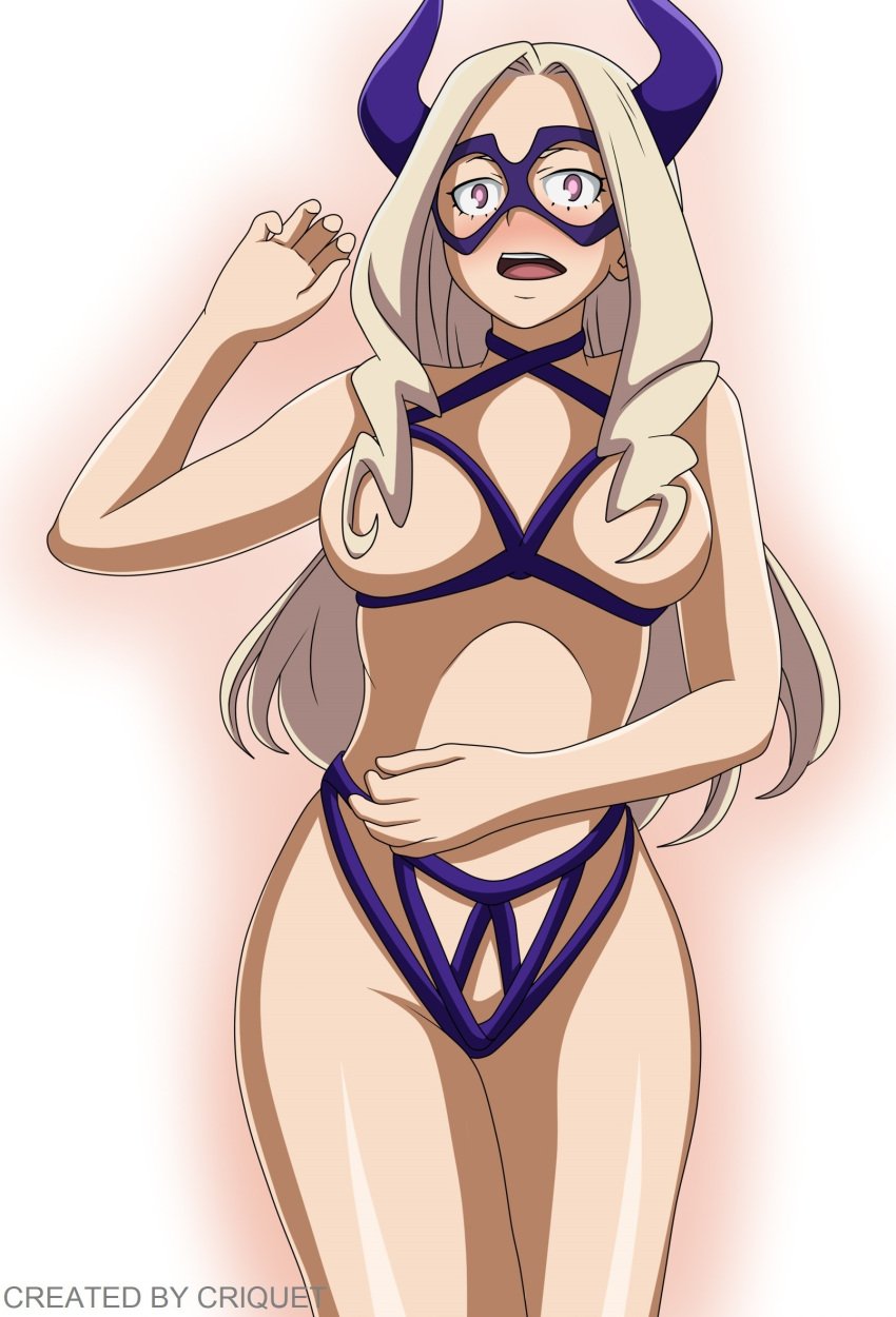 big_breasts big_eyes blonde_hair criquet female full_body horns lingerie long_hair mask mount_lady my_hero_academia purple_eyes simple_background thick_legs yuu_takeyama