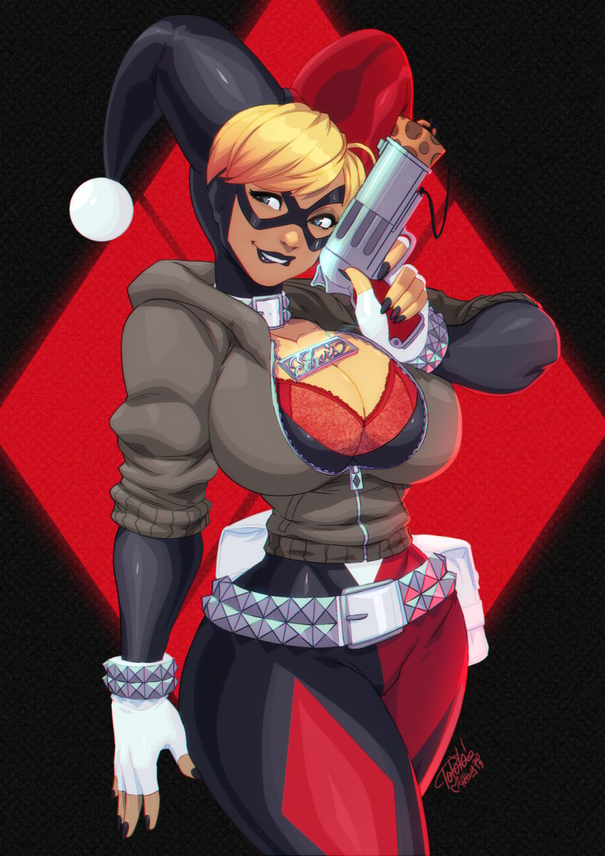 1girls 2019 alternate_breast_size bag batman_(series) belt big_breasts biting_lip black_lipstick black_nail_polish blonde_hair blue_eyes breasts choker cleavage clothing curvaceous curvy dc dc_comics fanny_pack female female_only fingerless_gloves firearm fully_clothed gun handgun handwear harleen_quinzel harlequin harley_quinn harley_quinn_(classic) huge_breasts human jacket large_breasts mask necklace open_jacket pop_gun red_bra revolver skin_tight_suit solo tovio_rogers weapon