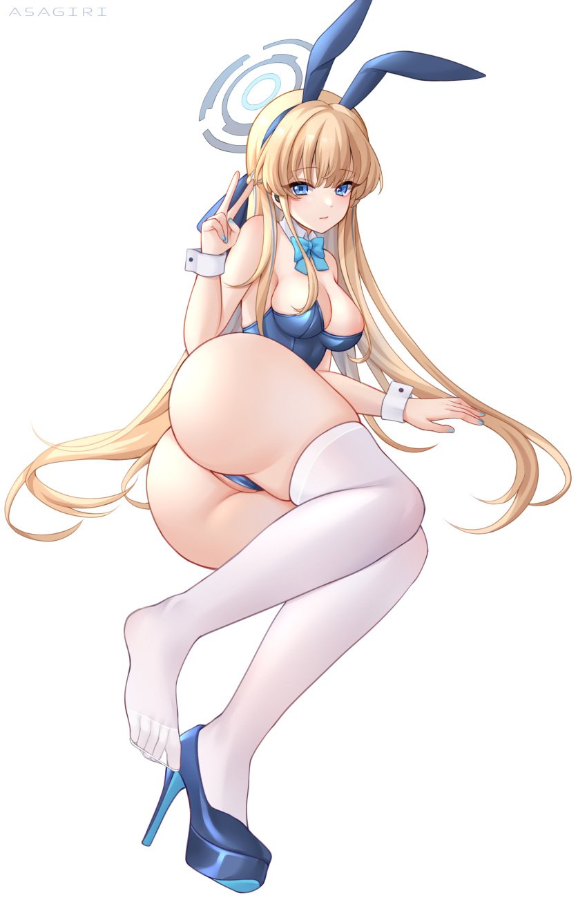 1girls absurdres animal_ears asagiri_ai ass blonde_hair blue_archive blue_bow blue_eyes blue_hairband blue_leotard bow braid breasts detached_collar earpiece fake_animal_ears fake_tail french_braid hairband hairbow halo highleg highleg_leotard highres large_breasts legwear leotard long_hair looking_at_viewer lying lying_on_side official_alternate_costume peace_sign playboy_bunny rabbit_ears rabbit_tail simple_background skindentation solo stockings strapless strapless_leotard tail thighhighs toki_(blue_archive) toki_(bunny)_(blue_archive) v v_sign very_long_hair white_background white_legwear white_stockings white_thighhighs white_wrist_cuffs wrist_cuffs