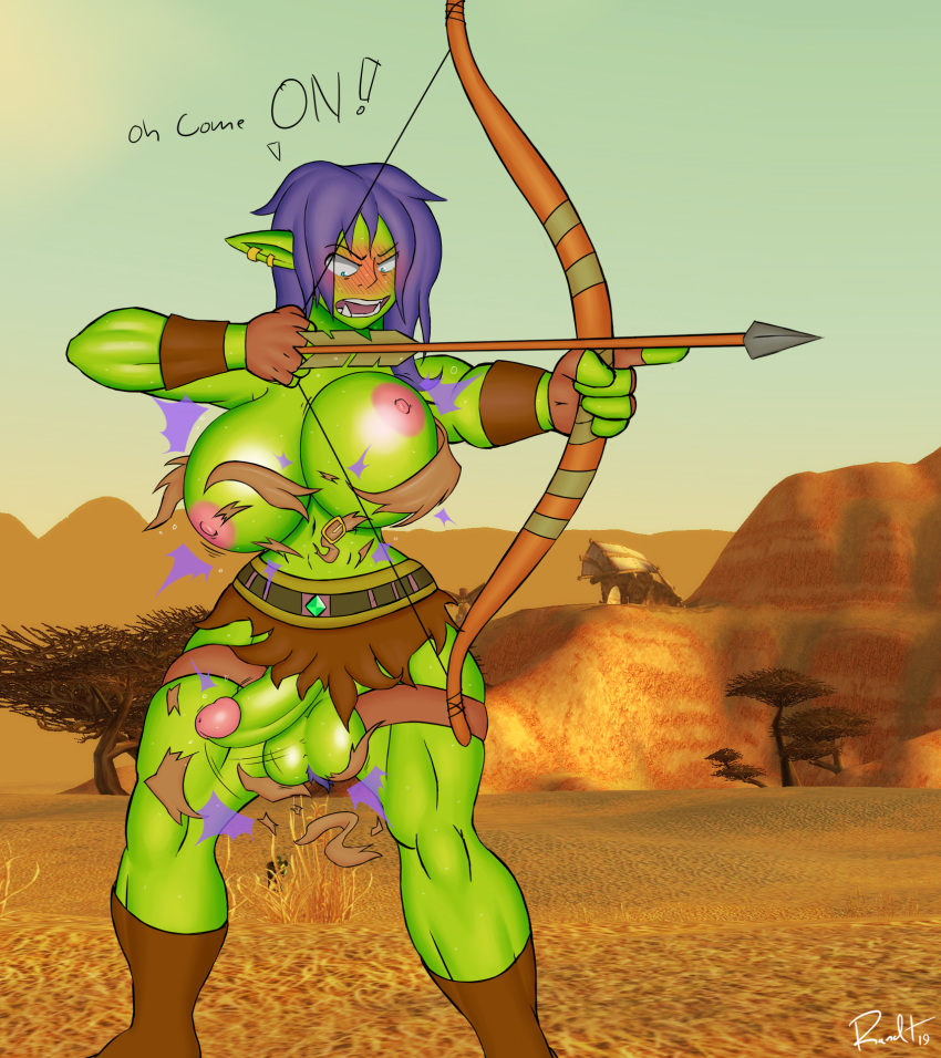 1futa 2019 angry arrow balls big_balls big_breasts big_penis blizzard_entertainment blush bodily_fluids boots bottomwear bow breasts bulge clothed clothing dialogue digital_media_(artwork) english_text footwear futa_only futanari gloves green_skin hair handwear hi_res holding_object holding_weapon huge_breasts humanoid hunter intersex leather loincloth muscular navel nipples open_mouth orc orc_futanari penis pubes purple_hair randt ranged_weapon solo text thick_thighs topless video_games warcraft weapon