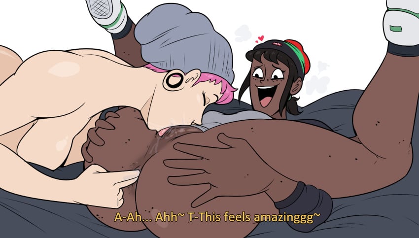 2girls :d anal anal_fingering beanie butch chocolate_and_vanilla closed_eyes cunnilingus dark-skinned_female dark_skin dialogue eager ear_tunnel fingering happy happy_sex heart hellonearthiii holding_own_ass interracial interracial_yuri light-skinned_female light_skin maybe_tomorrow_(webcomic) medium_breasts mostly_clothed multiple_girls pink_hair ponytail pussy_hungry saliva shoes short_hair skyla_cruz smile sophie_(hellonearthiii) text tomboy uncensored yuri yuri