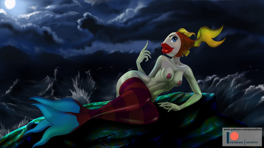 16:9 2018 anthro armenfilm blue_eyes breasts cleavage clothed clothing cloud deep_blue_sea_light_white_foam ear_piercing ear_ring edit eyebrows eyelashes female fish_tail hi_res lips marine merfolk moon night nipples outside parasitius piercing rock rocky_shore sahakyants sahakyants_animation_studio seductive sky solo split_form thick_lips topless water wave wide_hips