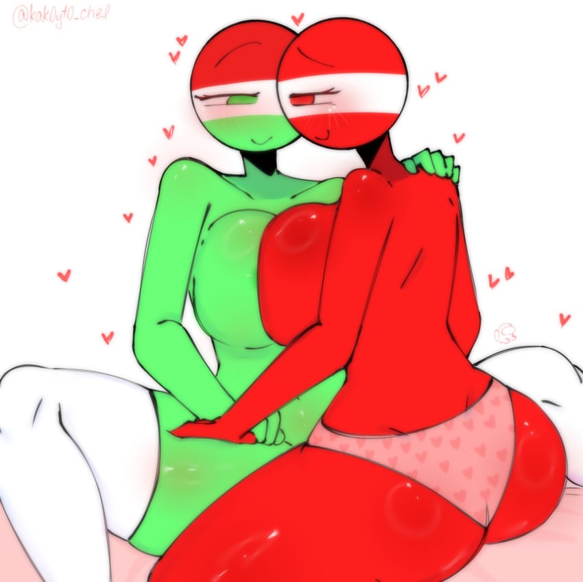 2girls artist_name artist_signature austria_(countryhumans) big_ass big_breasts big_hips big_thighs countryhumans countryhumans countryhumans_girl dat_ass green_body huge_ass huge_breasts huge_hips huge_thighs humanoid hungary_(countryhumans) imminent imminent_sex kak0yt0_chel lesbian_couple panties red_body red_skin simple_background socks source twitter_link twitter_username white_socks yuri yuri yuri