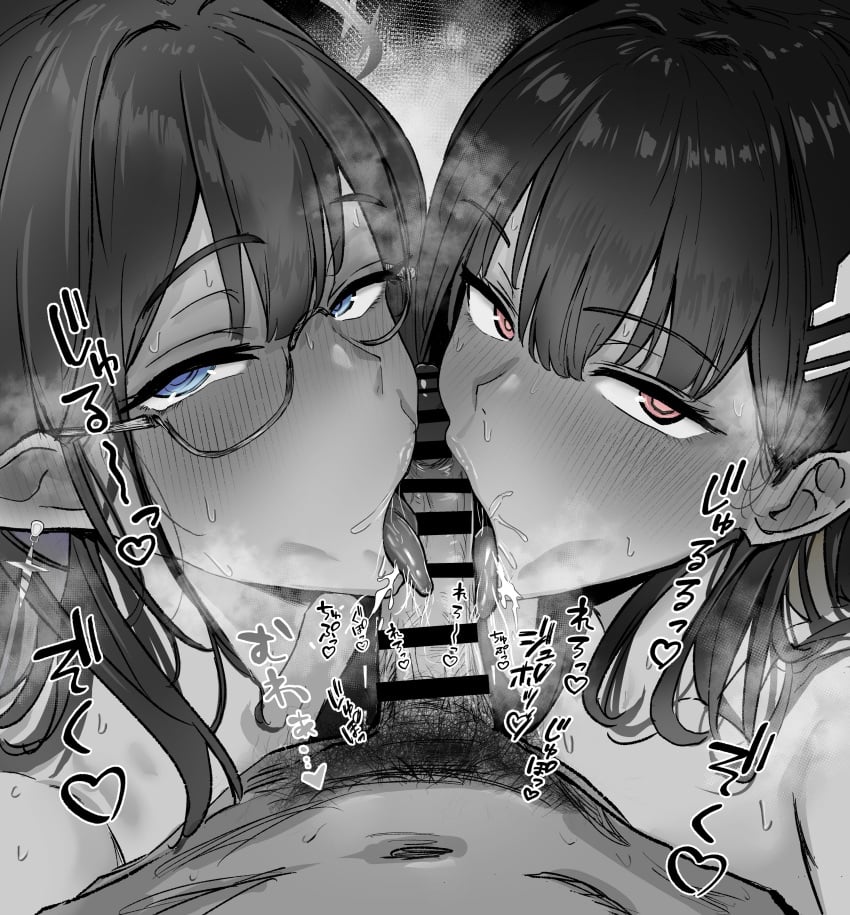 1boy 2girls absurdres bar_censor black_hair blue_archive bright_pupils censored commentary_request cooperative_fellatio earrings fellatio glasses greyscale hair_ornament hairpin halo highres jewelry licking licking_penis long_hair looking_at_viewer male_pubic_hair metsu_end monochrome multiple_girls oral penis pointy_ears pov pubic_hair rimless_eyewear rin_(blue_archive) rio_(blue_archive) saliva spot_color straight sweat teamwork_(sexual) tongue tongue_out white_pupils