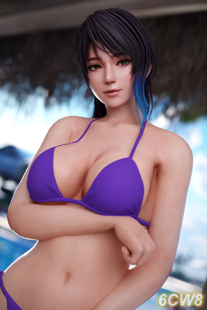 1girls 3d 6cw8 alluring amber_eyes big_breasts bikini black_and_blue_hair cleavage dead_or_alive dead_or_alive_xtreme_venus_vacation female_only shandy_(doa) swimming_pool tecmo