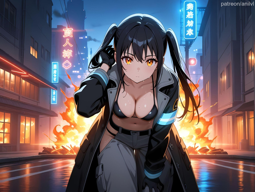 1girls ai_generated anilvl baggy_pants bangs belt bent_over bikini bikini_top_only bikini_under_clothes black_belt black_bikini black_coat black_gloves black_hair black_jacket breasts building car city cleavage closed_mouth coat collarbone cowboy_shot en&#039;en_no_shouboutai enen_no_shouboutai explosion fire fire_force gloves grey_pants hand_in_own_hair hand_on_own_knee hand_on_own_thigh hand_up hip_vent jacket kotatsu_tamaki large_breasts leaning_forward long_hair long_sleeves looking_at_viewer medium_breasts mole mole_on_breast motor_vehicle navel night open_clothes open_coat open_jacket orange_eyes outdoors pants reflection road sidelocks sign sky solo standing stomach street string_bikini sweat swimsuit twintails water wet yellow_eyes