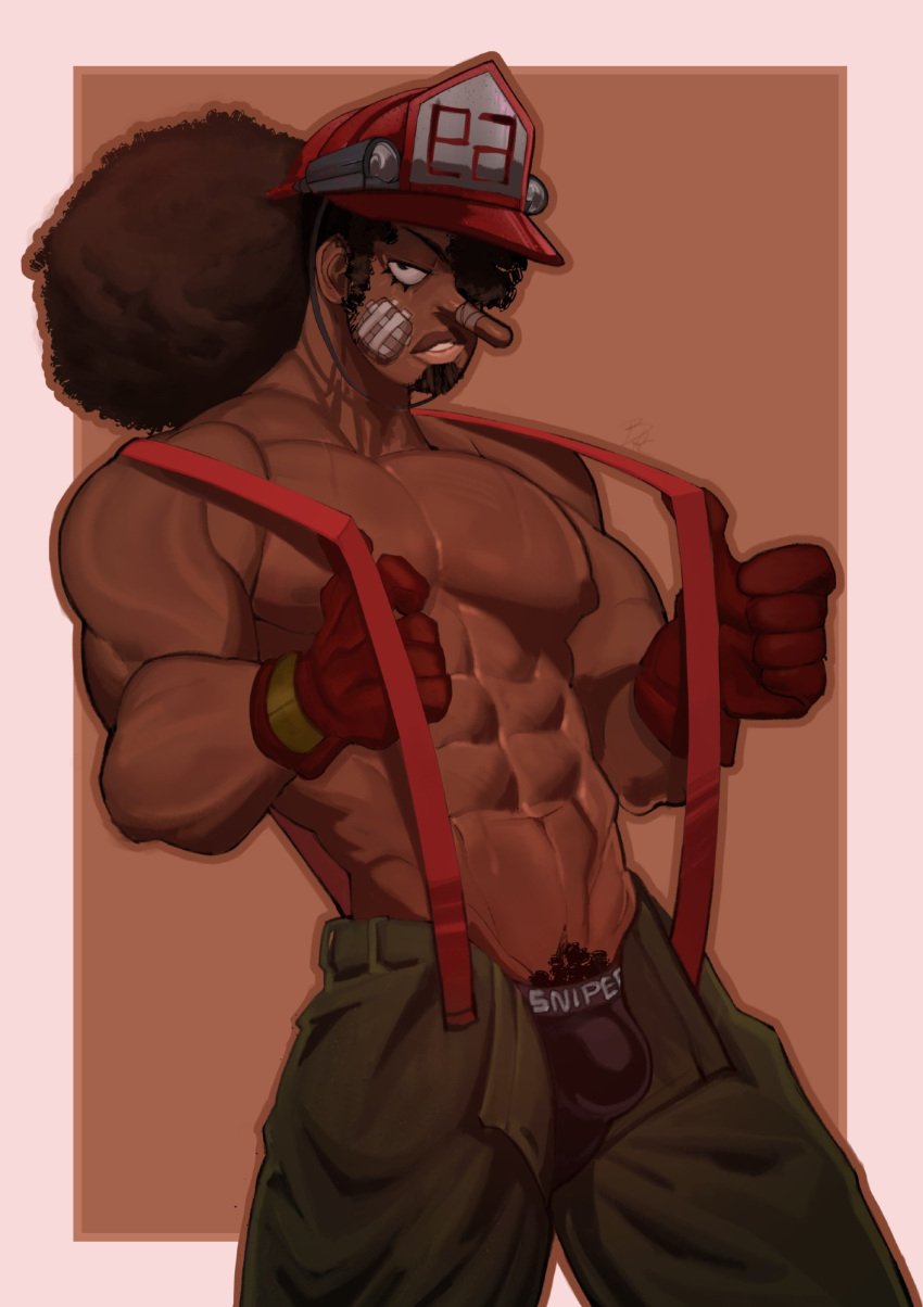 1boy 1male afro bandage bandage_on_face bara bara_tiddies bara_tits barazoku black_hair bluefriedchick bulge bulge_through_clothing bulge_under_clothes dark-skinned_male dark_hair dark_skin eight_pack erection_under_clothes erection_under_clothing erection_under_underwear firefighter firefighter_helmet firefighter_uniform fly_open gloves gloves_on hair_covering_eye helmet huge_pectorals large_pectorals larger_male long_nose male male_only muscles muscular muscular_abs muscular_arms muscular_chest muscular_male one_piece pants_open pants_undone pectorals pubes pubes_exposed shirtless shirtless_(male) shirtless_male six_pack solo solo_focus solo_male suspenders suspenders_pull toned toned_body toned_male toned_stomach usopp washboard_abs