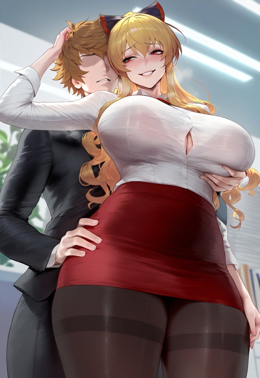 1boy 1boy1girl 1girls absurd_res ai_generated aroused assertive assertive_female blush bra_visible_through_clothes breast_grab business_suit business_woman embarassed_male embarrassed faceless_male grabbing_from_behind gran_(granblue_fantasy) granblue_fantasy hairbow hand_on_another's_hip hand_on_ass hand_on_head hand_on_hip heavy_breathing imminent_sex licking_pussy liu_(artist) looking_at_another looking_back looking_pleasured office_clothing office_lady see-through smirk smug standing straight sweat thick_thighs vira_(granblue_fantasy) vira_lillie voluptuous voluptuous_female wide_hips