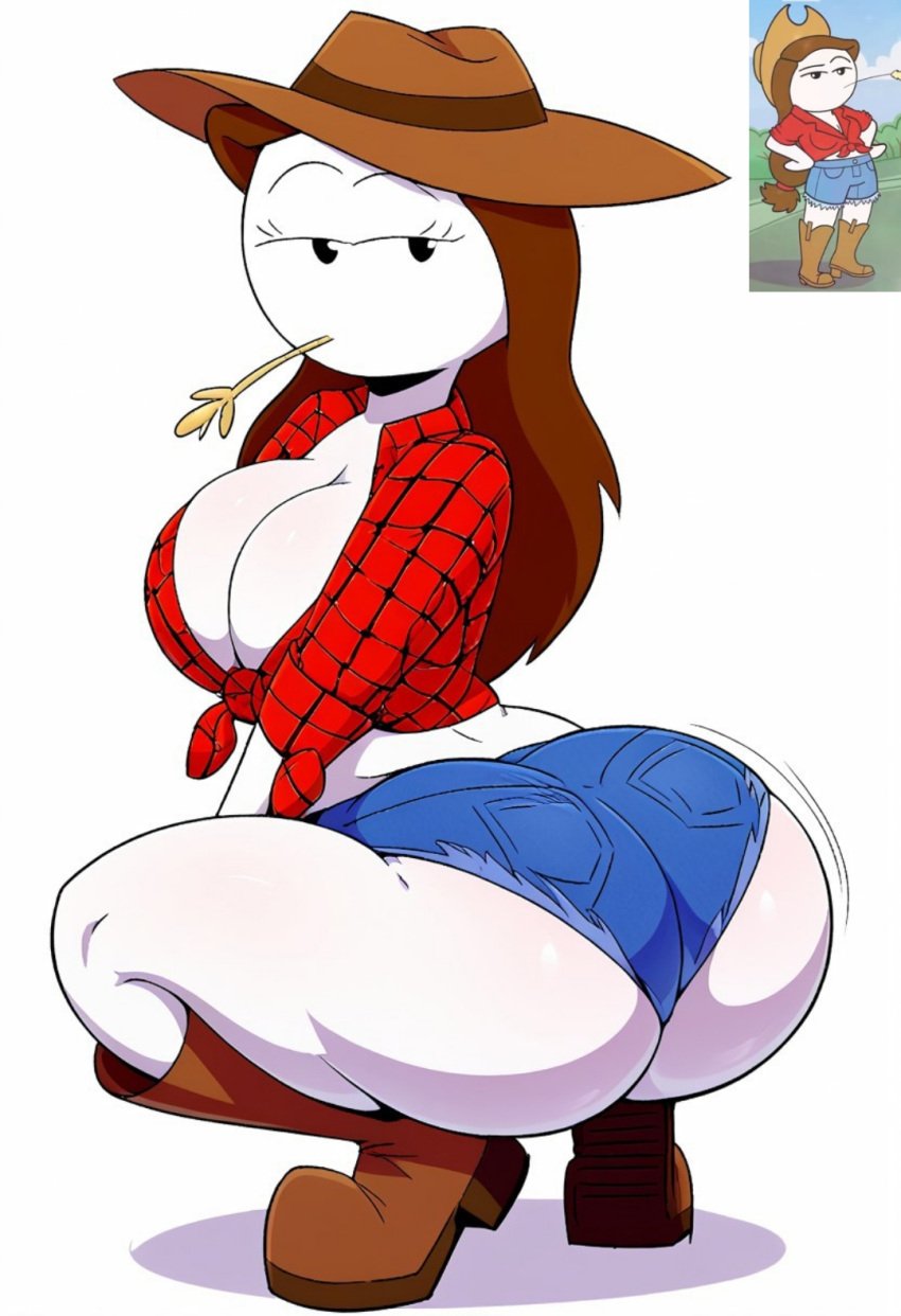 ai_generated big_breasts boots comparing cowboy_hat cowgirl cowgirl_outfit denim_shorts farmgirl huge_ass let_me_explain_studios rebecca_parham reference_image squatting squatting_cowgirl_position straw_in_mouth tagme thick_thighs tied_shirt wheat_in_mouth wink winking_at_viewer