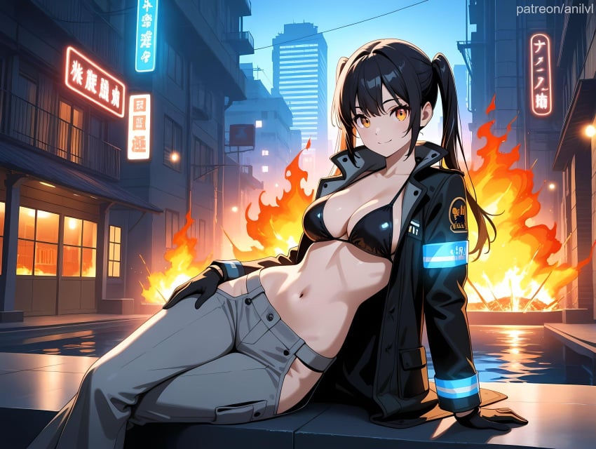 1girls ai_generated anilvl arm_support bangs bikini bikini_top_only bikini_under_clothes black_bikini black_coat black_gloves black_hair black_jacket breasts building city cityscape cleavage closed_mouth coat collarbone crossed_legs en'en_no_shouboutai enen_no_shouboutai feet_out_of_frame fire fire_force gloves grey_pants groin hip_vent jacket kotatsu_tamaki large_breasts long_hair long_sleeves looking_at_viewer medium_breasts midriff navel neon_lights night no_shirt open_clothes open_coat open_jacket orange_eyes outdoors pants sidelocks sign sitting smile solo stomach string_bikini swimsuit twintails water yellow_eyes