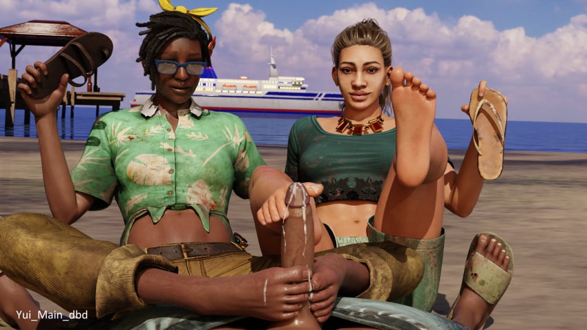 3d adam_francis barefoot claudette_morel cock dbd dead_by_daylight feet foot_fetish footjob thalita_lyra yui_main_dbd