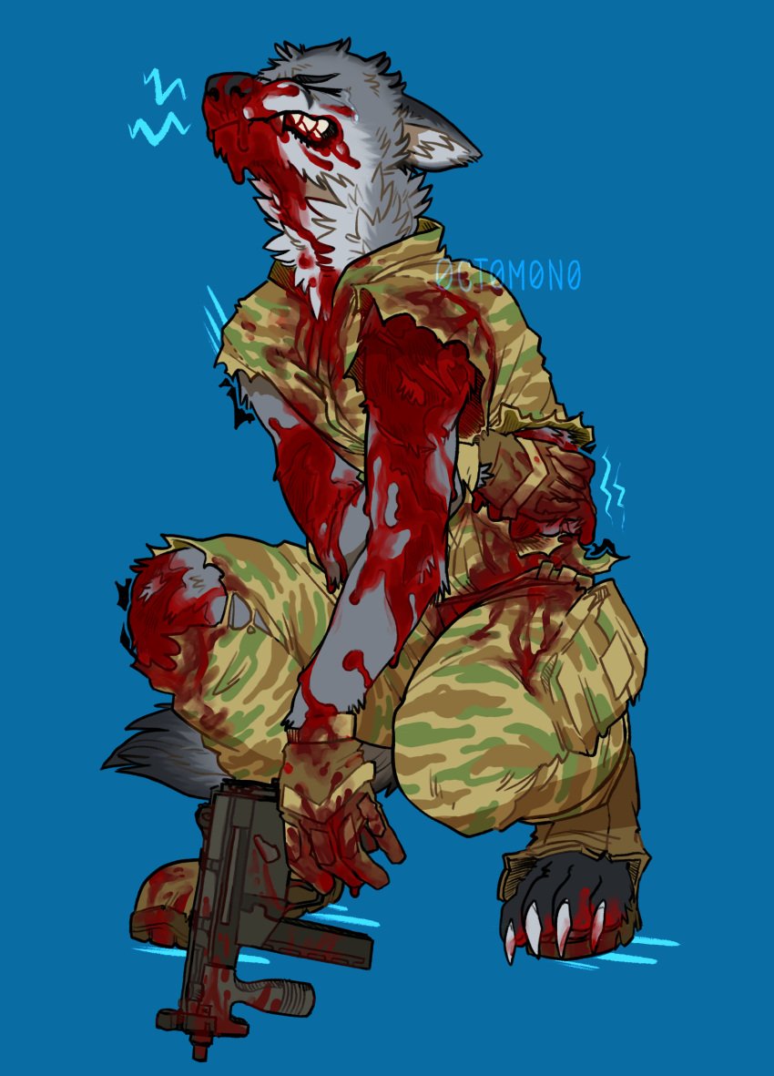 0ct0m0n0 absurd_res anthro blood blood_from_mouth blood_in_mouth blood_on_arm blood_on_leg blue_background bodily_fluids canid cheek_tuft closed_eyes clothed clothing crying ears_back facial_tuft fur grey_body grey_fur gun hi_res holding_gun holding_object holding_ranged_weapon holding_weapon male mammal neck_tuft nosebleed pivoted_ears ranged_weapon simple_background solo tears torn_clothing tuft weapon