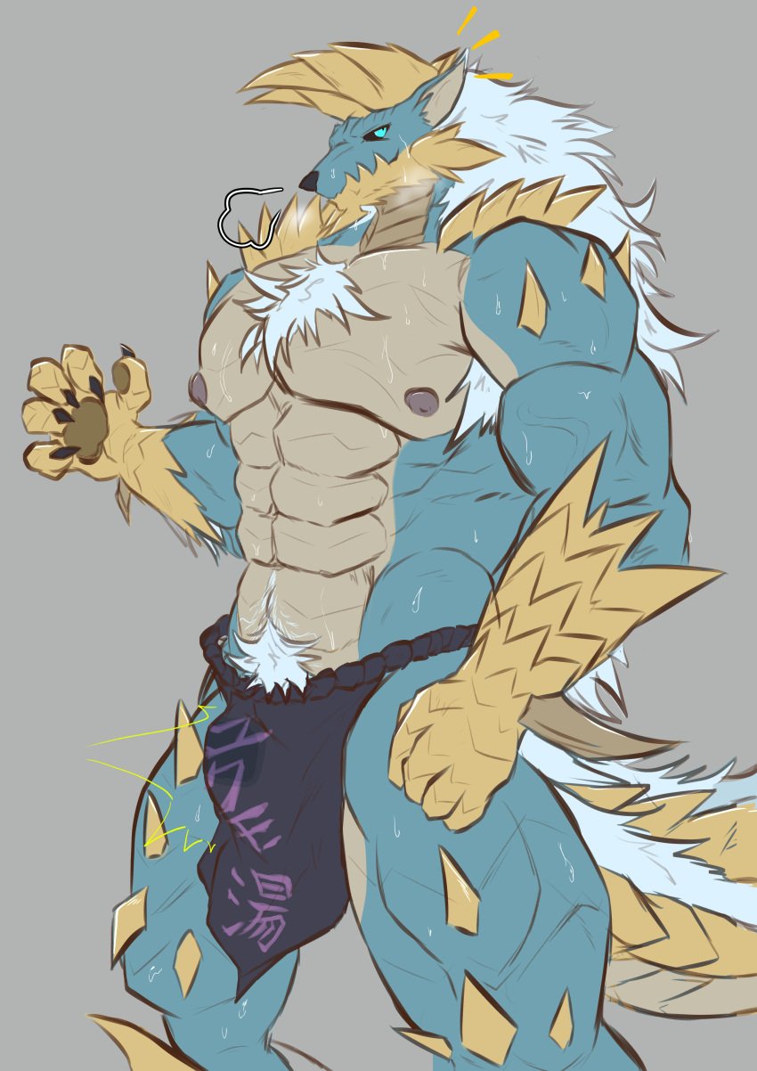 abs absurd_res anthro armpit_hair asian_clothing biceps blue_eyes bodily_fluids body_hair bottomwear bulge capcom clothed clothing east_asian_clothing fanged_wyvern fangs fundoshi fundoshi_only genital_fluids geryorias grey_background hi_res japanese_clothing loincloth male monster_hunter muscular muscular_anthro muscular_male nipples precum precum_on_underwear pubes pubes_exposed simple_background solo standing sweat tail teeth text topless underwear underwear_only vein veiny_muscles zinogre