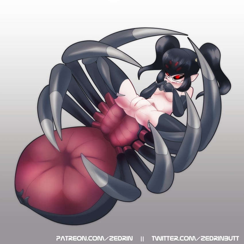 1:1 2019 arachnid arachnid_taur arthropod arthropod_taur artist_name black_hair black_sclera breasts cesil_(zedrin) cute_fangs dark_hair eyewear female glasses gradient_background hair hi_res lying monster_girl multi_eye neoteny plump_vulva pointy_ears presenting_pussy puffy_pussy pussy red_eyes short_ears sidelocks simple_background small_breasts solo spider spider_taur spread_legs taur twintails url vulva zedrin