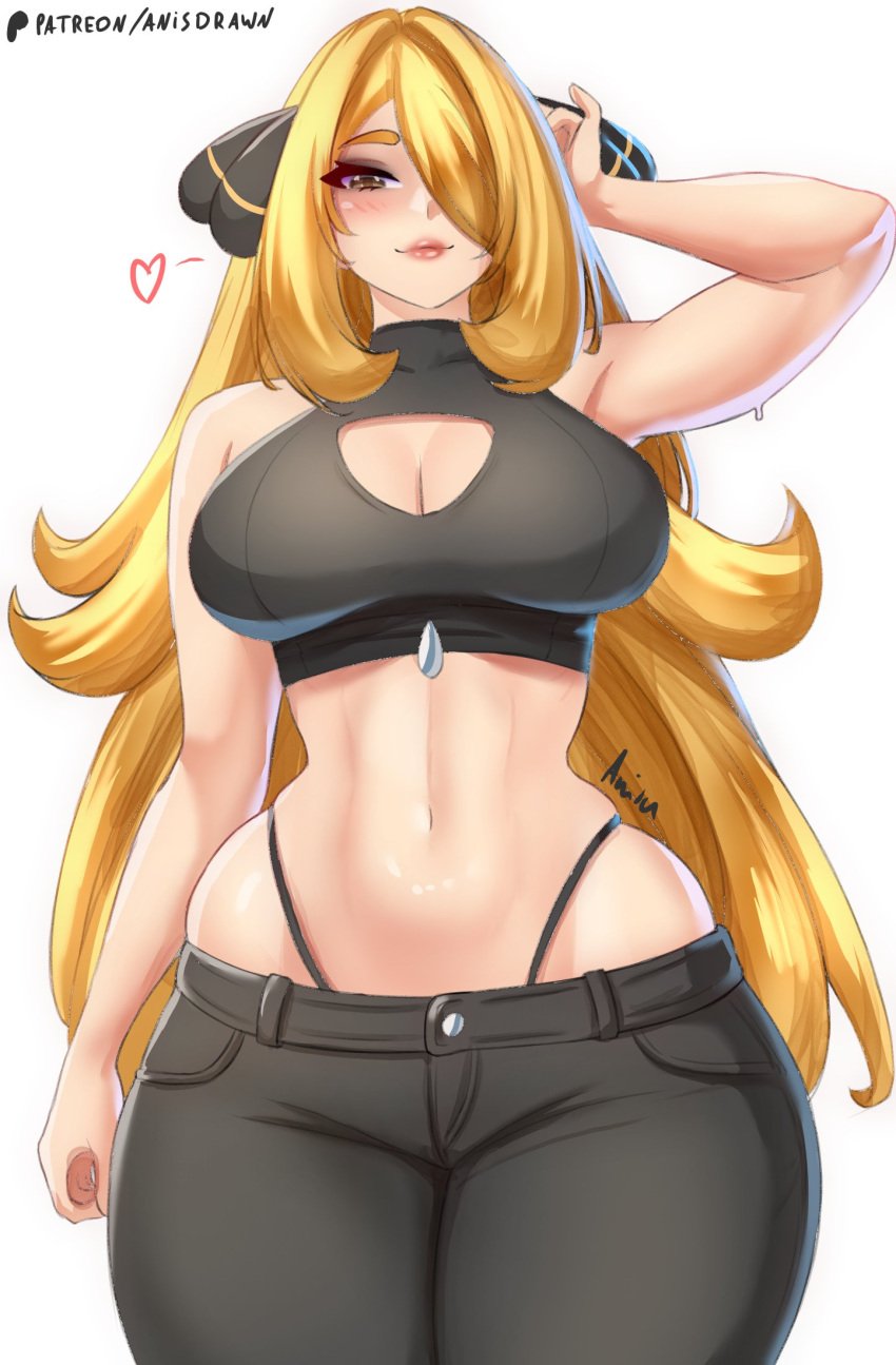 anisdrawn blonde_hair breasts cynthia_(pokemon) female female_only hair_over_one_eye nintendo pokemon solo